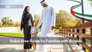 A UAE family dressed in kandura and abaya walking hand in hand through a landscaped park setting.