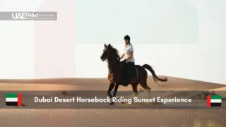 Person horseback riding in Dubai desert at sunset