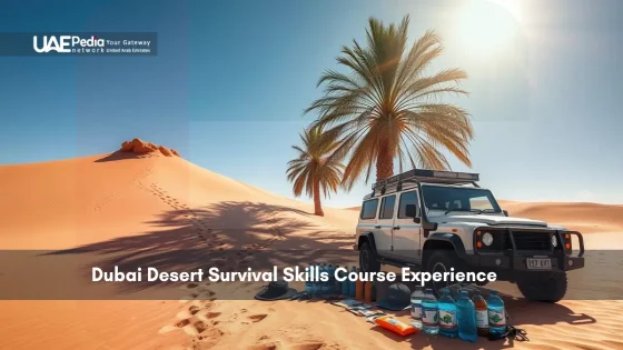 Desert survival course setup with jeep, supplies, and desert backdrop in Dubai