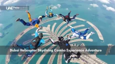 Group of skydivers over Palm Jumeirah during helicopter skydiving adventure