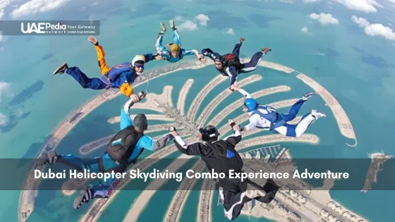 Group of skydivers over Palm Jumeirah during helicopter skydiving adventure