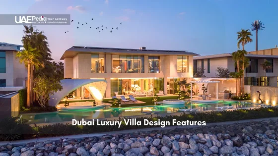 Modern Dubai luxury villa with pool at dusk surrounded by palm trees
