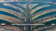 Palm Jumeirah aerial view showing fronds with luxury villas and roads