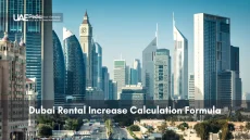 Wide shot of Dubai skyscrapers with bold white text overlay: “Dubai Rental Increase Calculation Formula.”