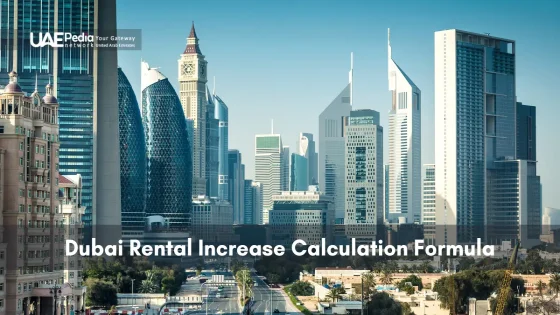 Wide shot of Dubai skyscrapers with bold white text overlay: “Dubai Rental Increase Calculation Formula.”