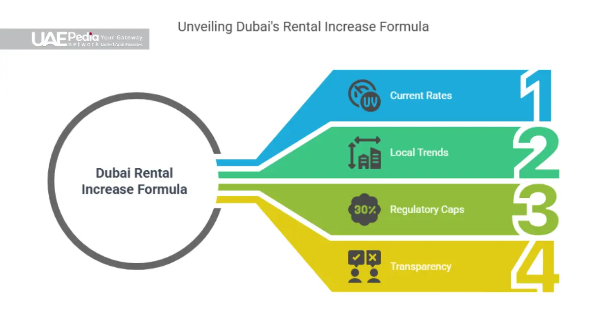 Four-strip infographic titled “Dubai Rental Increase Formula” showing Current Rates, Local Trends, Regulatory Caps, Transparency.