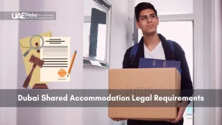 Legal documents, gavel, magnifier and tenant with box for Dubai shared housing rules.