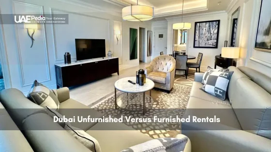 Modern Dubai apartment living room with furniture and decor