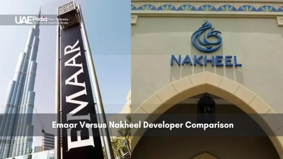 Emaar and Nakheel logos with Burj Khalifa and building background