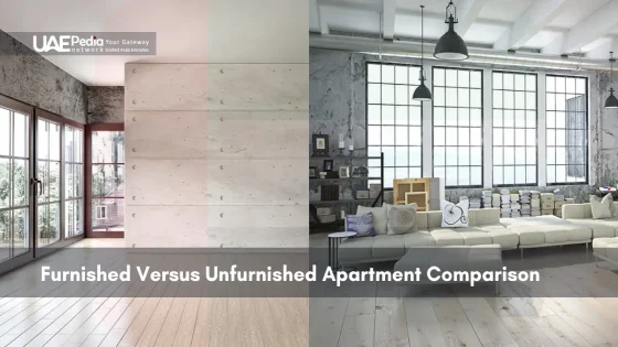 Side-by-side comparison of unfurnished and furnished apartment interiors