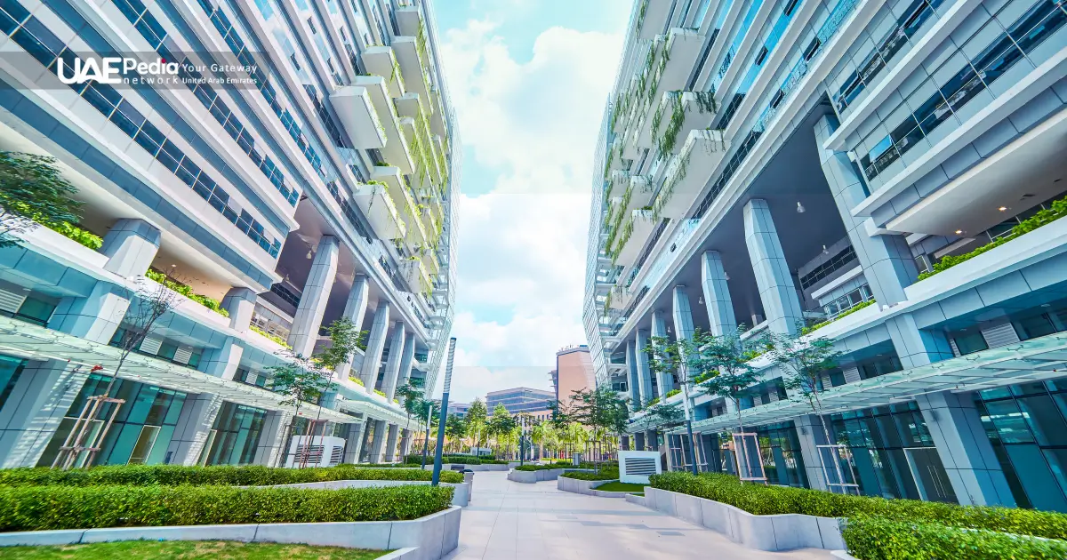 Modern office buildings with greenery and open landscaped space