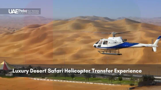 Helicopter flying over golden sand dunes in UAE desert safari
