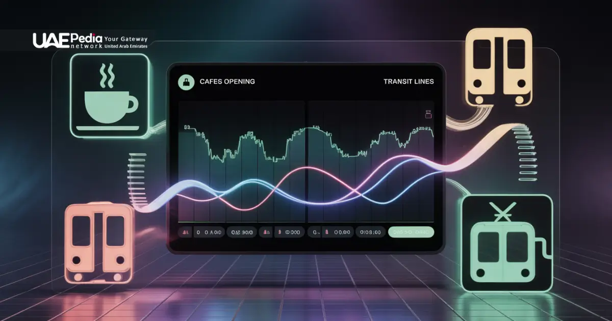 Digital dashboard with line charts and neon café and train icons representing evolving market value factors.