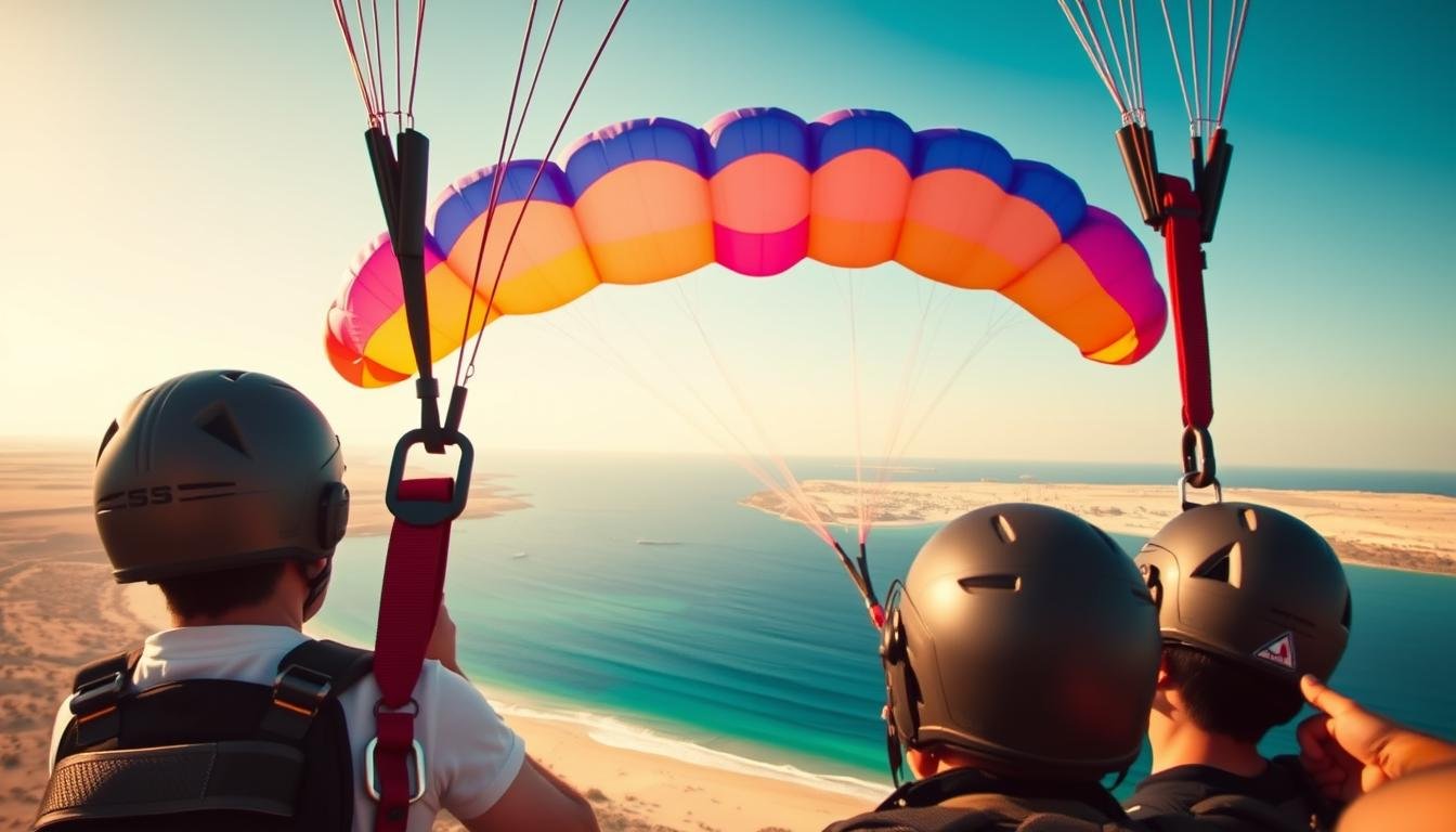 Parasailing safety gear against a stunning UAE backdrop. High-quality parasailing equipment in the foreground, including a vibrant parachute, sturdy harnesses, and sleek safety helmets. In the middle ground, a picturesque beach scene with clear blue waters and a cloudless sky. Warm, natural lighting illuminates the overall composition, creating a serene and inviting atmosphere. The wide-angle perspective captures the scale and grandeur of the setting, highlighting the thrill and adventure of the parasailing experience.