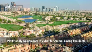 Aerial view of Dubai community with golf course and pet-friendly residential area