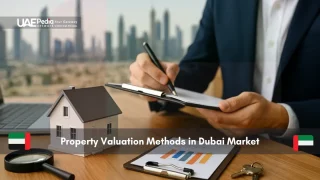Person writing on clipboard with house model and documents in Dubai skyline background