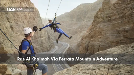 People enjoying Ras Al Khaimah Via Ferrata mountain climbing adventure