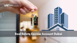 Keys in hand next to building icon symbolize Dubai real estate escrow account.