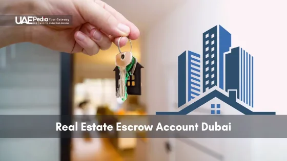 Keys in hand next to building icon symbolize Dubai real estate escrow account.