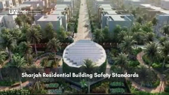 Aerial view of Sharjah residential buildings with green landscaping