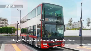 Red double-decker bus in Sharjah bound for Dubai