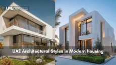Two contemporary UAE villas featuring minimalist geometry, white facades, glass balconies, and garden.