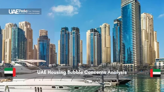 View of Dubai Marina skyscrapers and yachts showing UAE housing bubble concerns