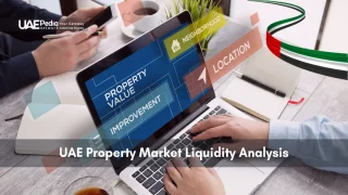 Laptop showing property value, location, neighborhood and UAE flag for liquidity analysis.