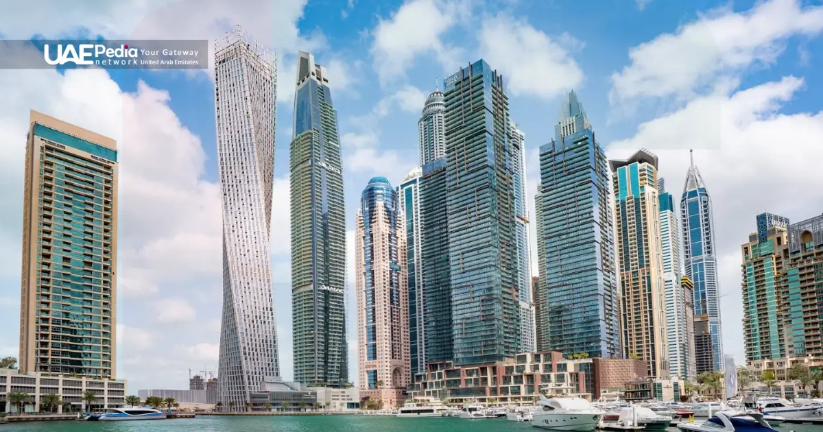 Dubai Marina skyline with tall modern skyscrapers and waterfront