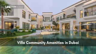Elegant villa complex in Dubai featuring poolside seating and large windows.