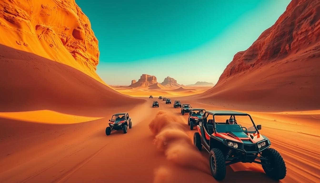 Wide-angle aerial view of a thrilling red dune buggy tour through the majestic Arabian Desert in Dubai. The vibrant, undulating crimson dunes stretch out as far as the eye can see, creating a dramatic, otherworldly landscape bathed in warm, golden sunlight. In the foreground, a fleet of sleek, off-road vehicles navigate the rugged terrain, kicking up plumes of fine, red sand. In the distance, the iconic silhouettes of towering sand dunes rise up against a clear, azure sky, completing the awe-inspiring desert panorama. Convey the exhilaration and adventure of this iconic Middle Eastern experience.