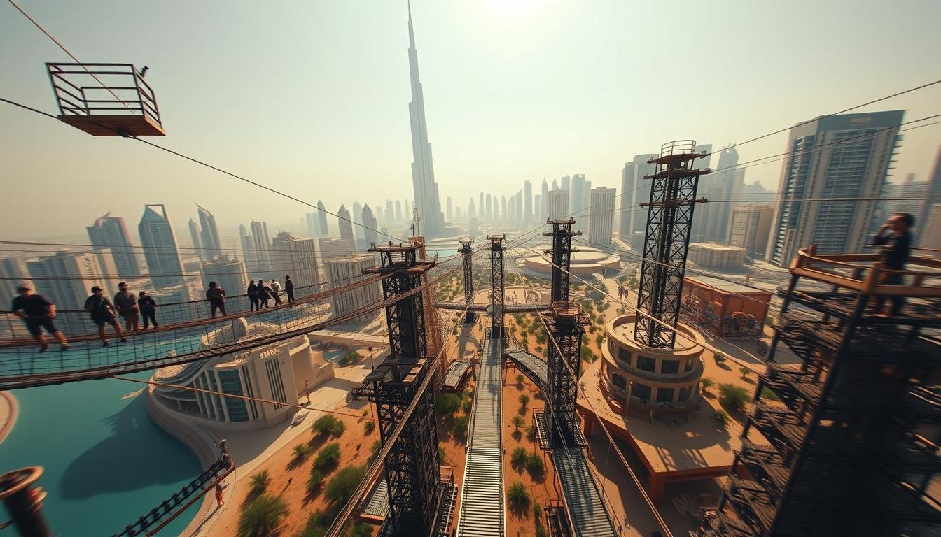 Wide-angle aerial view of an adventure park nestled among the iconic skyscrapers of Dubai, United Arab Emirates. In the foreground, a network of suspended bridges, cargo nets, and ziplines challenge thrill-seeking participants, their silhouettes visible against the bright, warm sky. The middle ground features a variety of climbing structures, balance beams, and rappelling stations, with participants navigating the obstacles with agility and determination. In the background, the striking skyline of Dubai, including the Burj Khalifa, creates a dramatic and awe-inspiring backdrop, emphasizing the scale and ambition of this high-altitude adventure challenge.