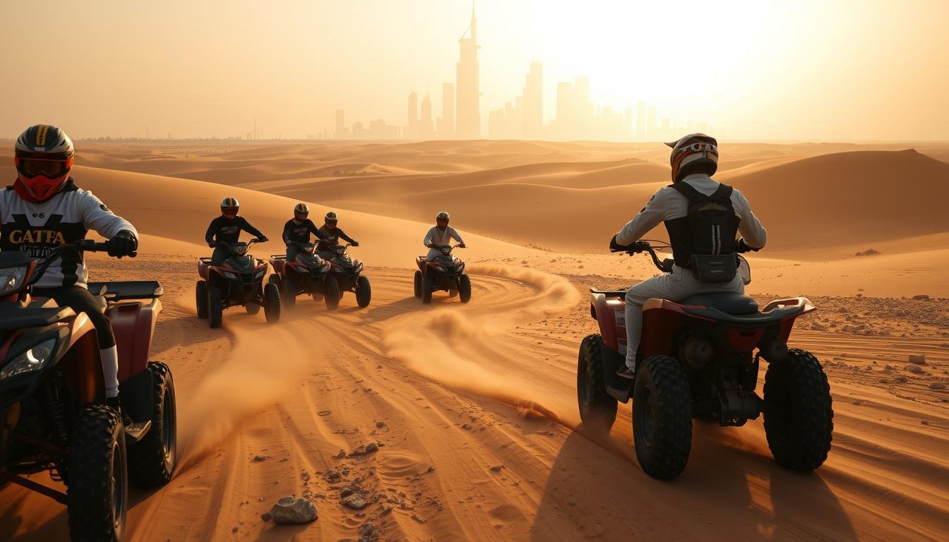 Wide-angle scene of a desert off-road safety training course in the UAE. In the foreground, a group of riders in protective gear navigating a rugged terrain of sand dunes and rocky terrain. The middle ground features an instructor guiding the riders, demonstrating proper techniques. In the background, the iconic silhouette of Dubai's skyline rises under a warm, golden sky. The lighting is soft and diffused, creating a sense of depth and atmosphere. The overall mood is one of adventure, skill, and focus as the riders hone their desert riding expertise.