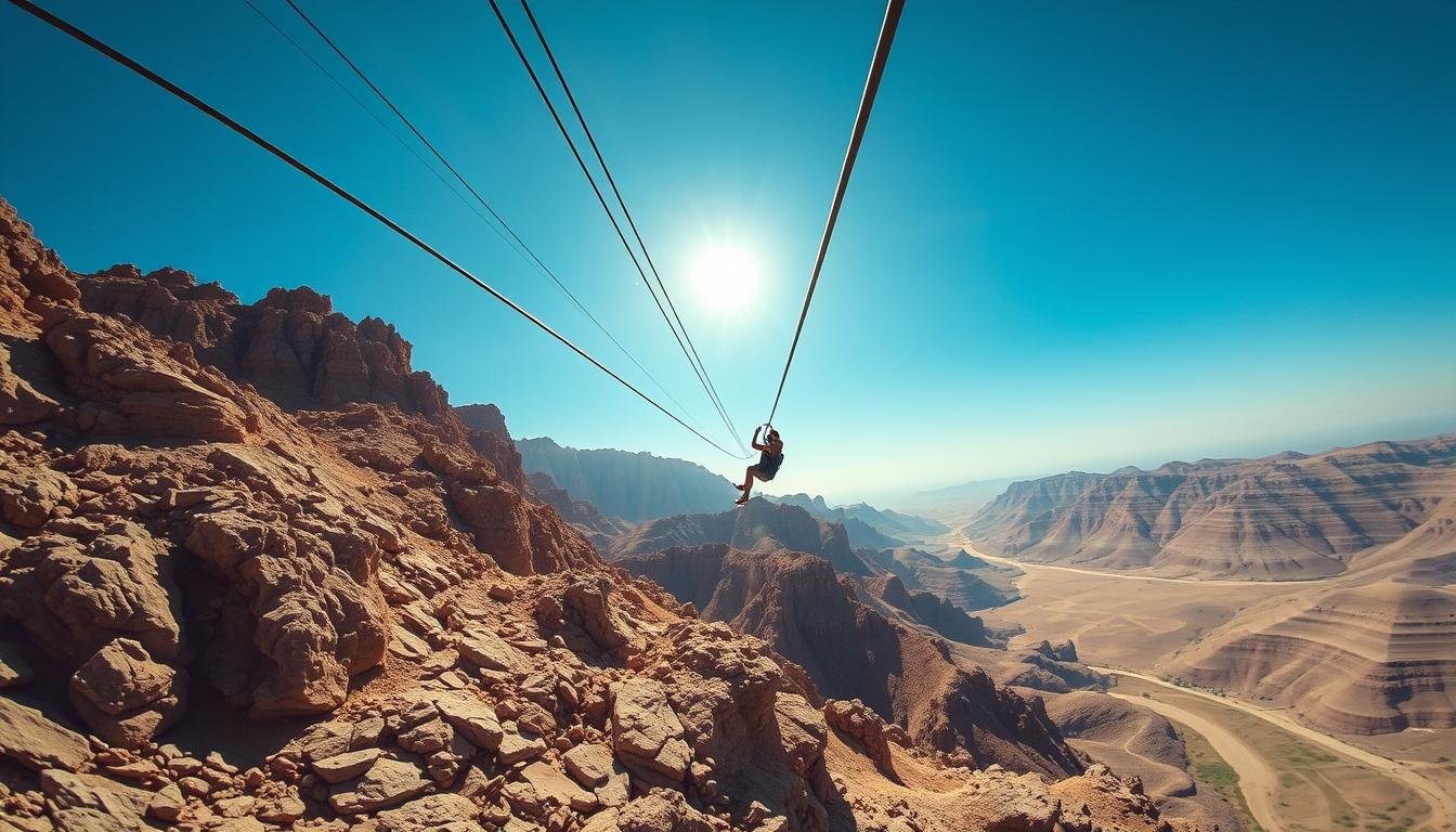 Wide-angle scenic shot of a thrilling zipline flight over rugged, rocky terrain. The rider soars high above dramatic, sun-dappled mountains in the iconic Fujairah landscape, with a clear azure sky as the backdrop. Dramatic lighting casts long shadows, creating a sense of adventure and exhilaration. The camera angle captures the rider's perspective, immersing the viewer in the excitement of the Fujairah Mountain Zip Line experience.