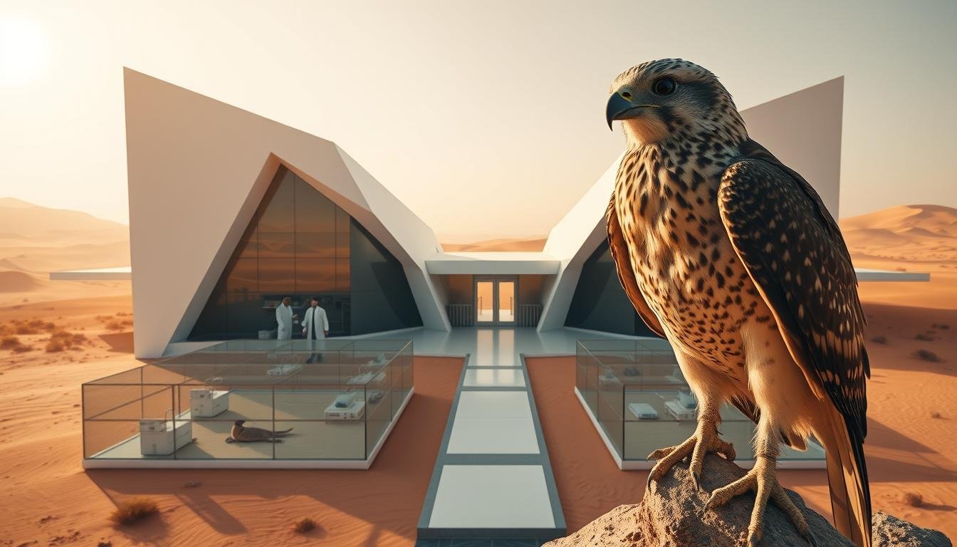 Wide-angle shot of a modern falcon hospital facility nestled in the vast, sun-drenched expanse of the Emirati desert. The sleek, angular architecture seamlessly blends with the rugged, ochre landscape, creating a striking visual contrast. Patients rest in airy, well-equipped enclosures, receiving attentive care from white-coated veterinarians. In the foreground, a falcon perches majestically, its keen eyes surveying the scene. Warm, golden light filters through the clear sky, imbuing the entire tableau with a sense of tranquility and purpose. This is a testament to the UAE's commitment to preserving its rich falconry heritage.