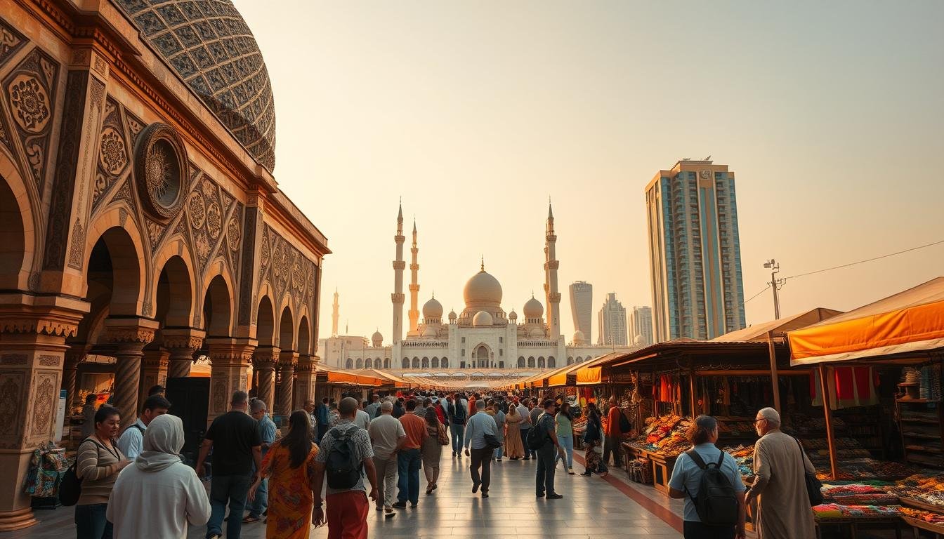 Wide-angle view of a bustling cultural tour in Abu Dhabi, United Arab Emirates. In the foreground, a group of visitors explore an ornate, domed building with intricate arabesque patterns and arched windows. The middle ground showcases a lively marketplace, with merchants selling colorful textiles, spices, and handcrafted souvenirs. In the background, the iconic skyline of Abu Dhabi is visible, with the impressive Sheikh Zayed Grand Mosque and modern high-rises standing tall against a clear, warm-toned sky. The scene is bathed in a golden glow, creating a sense of warmth and vibrancy.