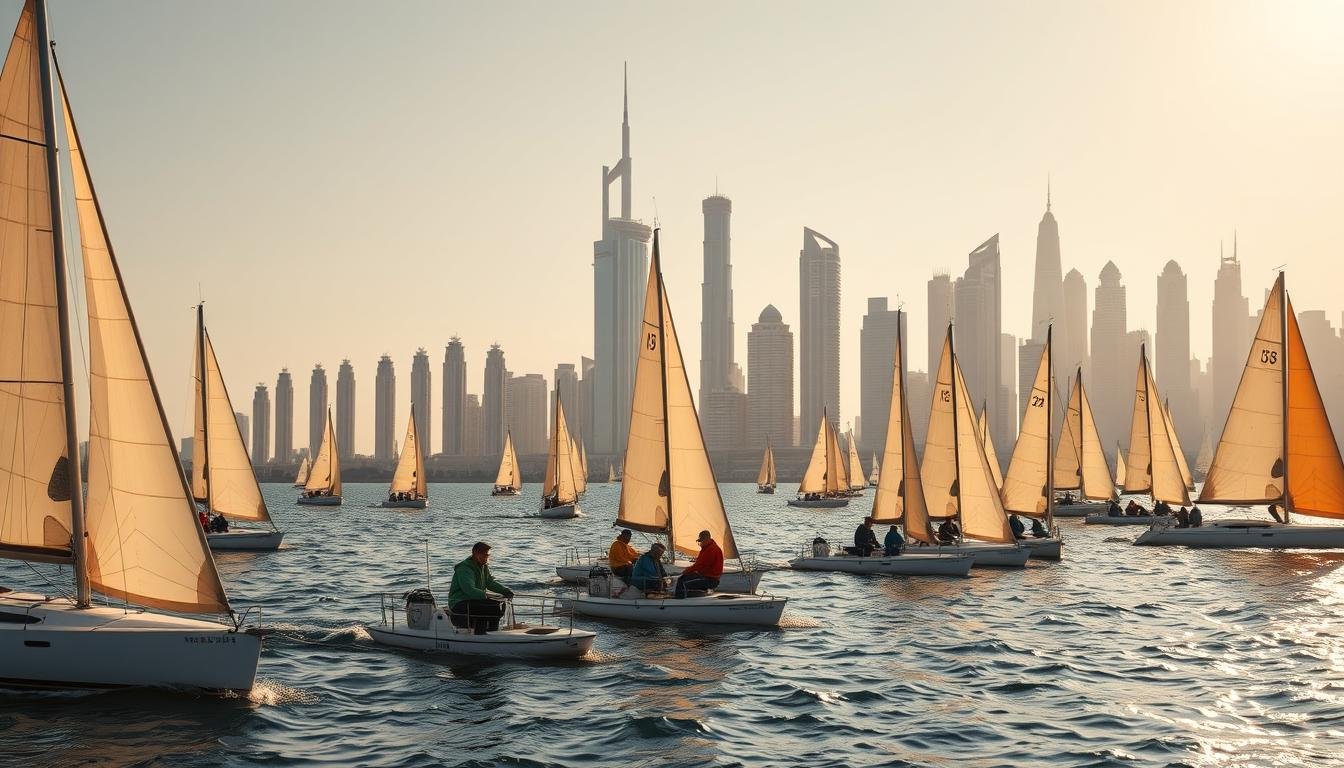 Wide-angle view of a dynamic marine training program set against the iconic skyline of the United Arab Emirates. In the foreground, a group of trainees navigate a fleet of small sailing vessels, their sails billowing in the gentle breeze. The middle ground features an array of equipment and instructors guiding the participants through various nautical exercises. In the background, the majestic silhouettes of Dubai's towering skyscrapers stand tall, creating a captivating contrast between the modern cityscape and the timeless art of sailing. The scene is bathed in warm, golden light, casting a serene and inviting atmosphere over the entire setting.