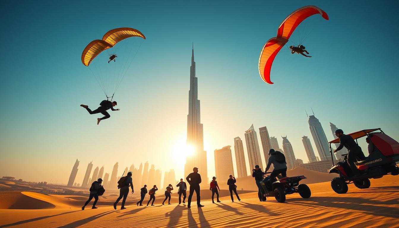 Wide-angle vista of Dubai's iconic skyline, including the Burj Khalifa and other towering skyscrapers, set against a clear, azure sky. In the foreground, a group of adventure-seekers engaged in various extreme sports, such as skydiving, paragliding, and dune bashing, their silhouettes backlit by the warm, golden sun. The frame captures the thrill and energy of the Dubai adventure experience, with no faces visible, allowing the viewer to imagine themselves as part of the scene.