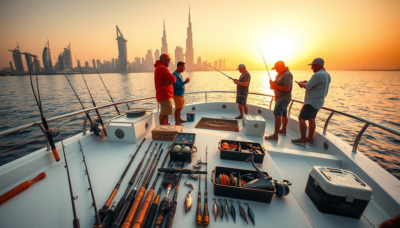 a wide-angle, high-angle view of an idyllic fishing scene on a luxury yacht in Dubai. The foreground features various fishing equipment like rods, reels, tackle boxes, and lures arranged neatly on the deck. The middle ground shows the yacht's crew demonstrating proper fishing techniques and sharing insider tips with guests. In the background, the iconic Dubai skyline and serene Arabian Gulf create a stunning, warm-toned, golden-hour backdrop. The scene is bathed in soft, diffused natural light, creating an inviting, aspirational atmosphere that captures the essence of a luxury yacht fishing adventure.