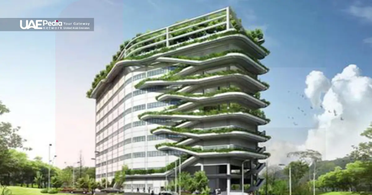 Green building with plant-covered terraces and curved design