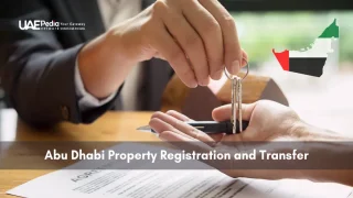 Business scene showing handover of keys above property contract papers with a UAE map overlay.