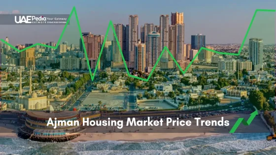 Ajman waterfront skyline with overlaid green line chart illustrating price changes
