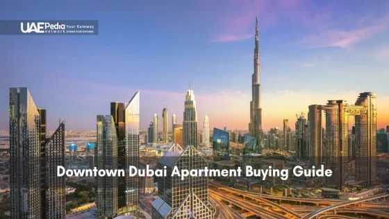 Sunset panorama of Downtown Dubai skyline featuring the Burj Khalifa and modern high-rise apartments
