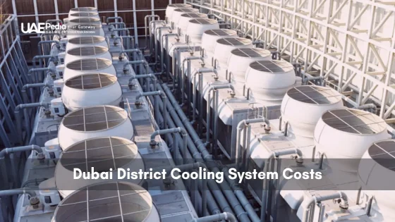 Multiple industrial chillers and interconnecting insulated pipes at a Dubai cooling facility.