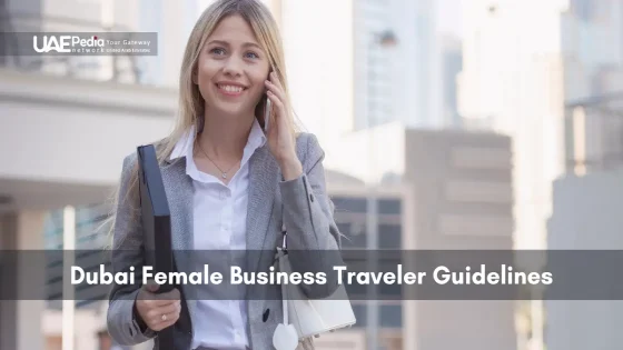Smiling businesswoman carries documents and speaks on phone against Dubai city backdrop