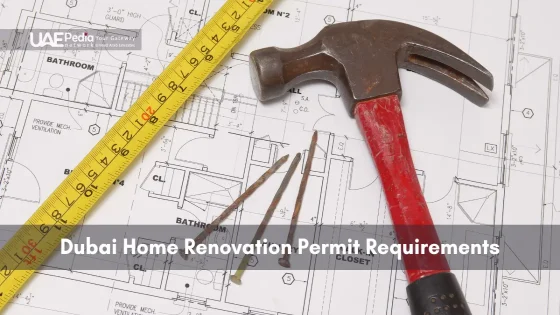 Close-up of hammer, nails and tape measure on floorplan drawings for renovation permits.
