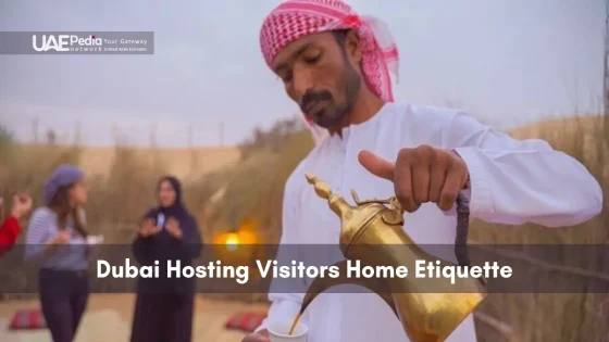 Traditional Emirati host pouring coffee for visitors in outdoor setting.