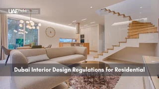 Contemporary living room interior with sofa, dining table and floating staircase