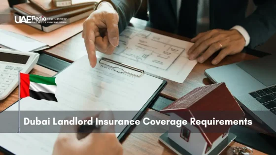 Hands indicating insurance papers next to a house model and UAE flag for Dubai landlord coverage requirements.