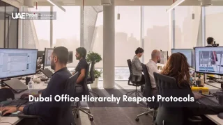 Employees at desks with monitors in a sunlit Dubai office observing hierarchy protocols.